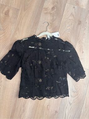 H&M Black Floral Lace Puff-Sleeve Blouse